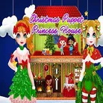 To prinsesselignende dukker kledd i juletema foran et dukkehus med julenissefigurer inni, omgitt av snø og stjerner