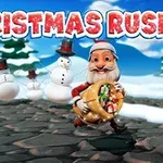 En smilende julenisse løper med en sekk full av godteri, mens snømenn med hatter står i bakgrunnen under en blå himmel med skyer