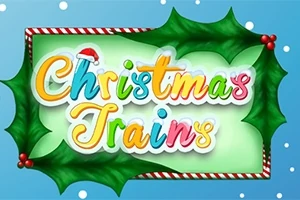 Fargerik tekst med Christmas Trains omgitt av kristtornblader og snøfnugg
