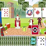 Juletema med kortspill, nisser, og gaver i en fargerik bakgrunn