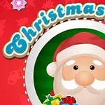 Julenissen i en rund ramme med gaveesker og en sukkertøystang på en rød bakgrunn med teksten Christmas Words øverst