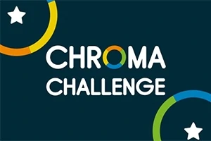 Tekst CHROMA CHALLENGE med fargede sirkler og stjerner på mørk bakgrunn