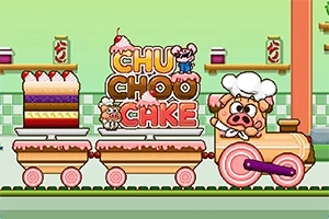 En tegneserieaktig bilde av et tog formet som en gris med en stor lagkake på en vogn og teksten Chu Choo Cake