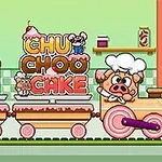 En tegneserieaktig bilde av et tog formet som en gris med en stor lagkake på en vogn og teksten Chu Choo Cake