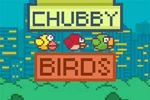 Tegnet bilde av tre fargerike, pikselerte fugler som flyr foran en bysilhuett med teksten CHUBBY BIRDS