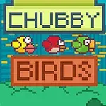 Tegnet bilde av tre fargerike, pikselerte fugler som flyr foran en bysilhuett med teksten CHUBBY BIRDS