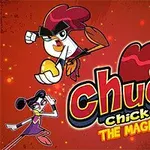Tegneseriefigurene Chuck Chicken og to andre karakterer mot en rød bakgrunn med teksten Chuck Chicken: The Magic Egg