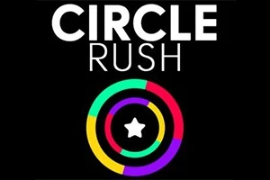 Fargerike sirkler med en stjerne i midten på svart bakgrunn med teksten Circle Rush øverst
