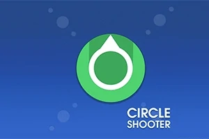 Grønn sirkel med hvit pil på blå bakgrunn med ordet Circle Shooter i hvitt