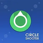 Grønn sirkel med hvit pil på blå bakgrunn med ordet Circle Shooter i hvitt