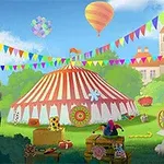 En fargerik scene med et sirkustelt, varmluftballonger, vimpler og dekorasjoner i en grønn hage omringet av bygninger