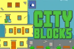 Gul bygning med flere etasjer, grønne busker og oransje benker foran, med teksten CITY BLOCKS i store grønne bokstaver
