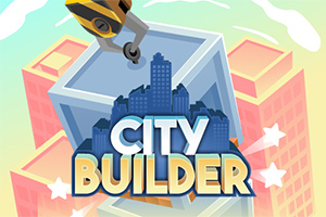 En illustrasjon av en robotarm som plasserer en stor blokklignende struktur over silhuetten av skyskrapere, med teksten City Builder i forgrunnen