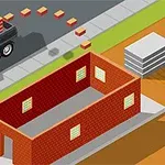 En illustrasjon av en lastebil som frakter mursteiner langs en vei ved siden av en halvferdig murbygning