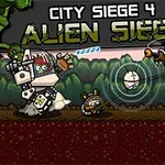 En robot i kamp med romvesener i en fargerik, tegneseriestil setting med teksten City Siege 4 Alien Siege øverst