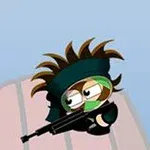 En tegneseriefigur med piggfrisyre, iført grønt skjerf og holdende en rifle, står på en plattform med blå bakgrunn