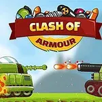 To stridsvogner som skyter på hverandre med fargerik eksplosjon, med en rød banner med teksten Clash of Armour øverst