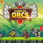 To fargerike orker og en liten skjelettfigur står foran et stort skilt med teksten Clash of Orcs i et tegneseriemiljø med landemerker