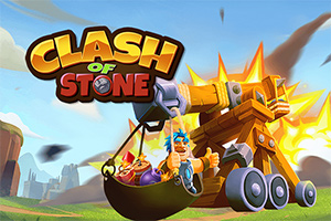Tegneseriefigurer flyr ut av en stor trebueskyter med eksplosjon i bakgrunnen og teksten Clash of Stone over