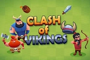 Tegneseriefigurer av vikinger med våpen og teksten Clash of Vikings på en grønn bakgrunn