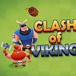 Tegneseriefigurer av vikinger med våpen og teksten Clash of Vikings på en grønn bakgrunn