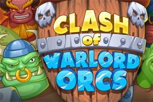 Tegneserieillustrasjon av en treskjold med teksten Clash of Warlord Orcs omgitt av orker og hodeskaller