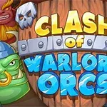 Tegneserieillustrasjon av en treskjold med teksten Clash of Warlord Orcs omgitt av orker og hodeskaller