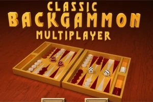 Spillbrett for backgammon med terninger og brikker, med teksten Classic Backgammon Multiplayer på toppen