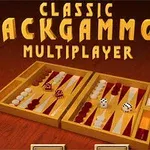 Spillbrett for backgammon med terninger og brikker, med teksten Classic Backgammon Multiplayer på toppen