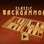 Illustrasjon av et backgammon-brett med terninger, brikker og tekst som sier Classic Backgammon over brettet
