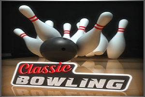 En svart bowlingkule treffer hvite kjegler med røde striper, med teksten Classic Bowling nederst