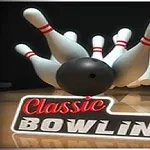 En svart bowlingkule treffer hvite kjegler med røde striper, med teksten Classic Bowling nederst