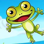 Tegnet grønn frosk med store øyne og et bredt smil, som hopper på en blå bakgrunn med skyer