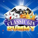 Pokerbrikker og spilledronning over et blått bakgrunn med teksten Classic Gin Rummy