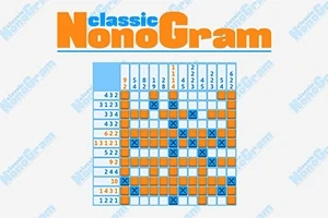 Et diagram med blått og oransje rutenett fylt med nummerledetråder øverst og til venstre, samt teksten classic NonoGram