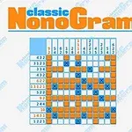 Et diagram med blått og oransje rutenett fylt med nummerledetråder øverst og til venstre, samt teksten classic NonoGram