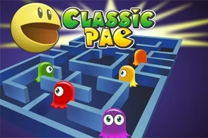 En gul, smilende sirkel med åpen munn over en blå labyrint med fargerike spøkelser og teksten Classic Pac