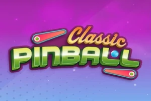 Teksten Classic Pinball er skrevet i fargerike bokstaver med to flipperarmer på en lilla og blå bakgrunn