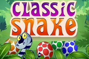 Fargerik illustrasjon med teksten Classic Snake over en tegneserieaktig slange og fargerike egg blant grønne blader