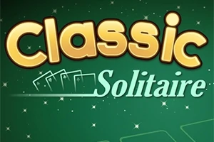 Teksten Classic Solitaire i gule og hvite bokstaver på en grønn bakgrunn med stiliserte kort og stjerner