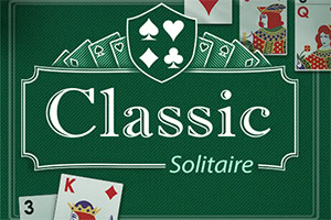 Grønt rektangel med teksten Classic Solitaire og kort med forskjellige spillekort-ikoner rundt