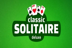 Grønn bakgrunn med tekst som sier classic SOLITAIRE deluxe og fire spillkort øverst