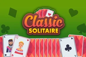 Et fargerikt kortspilldesign med teksten Classic Solitaire på en grønn bakgrunn, omgitt av spillekort