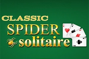 Teksten Classic Spider Solitaire i gull med tre spillkort ved siden av, på grønn bakgrunn