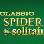 Teksten Classic Spider Solitaire i gull med tre spillkort ved siden av, på grønn bakgrunn