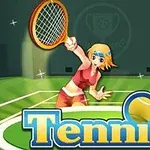 Tegnet blond kvinne i rødt tøy spiller tennis med racket på en tennisbane, med gnistrende stjerner og ordet Tennis i forgrunnen