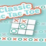 Tekst med ordene Classic Tic Tac Toe over et rutenett med kryss og ringer mot en blå bakgrunn