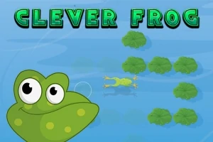 En tegneserie-frosk svømmer mellom liljeblader i vannet med teksten Clever Frog øverst