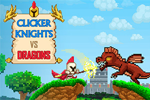 En ridder med rød hjelm kjemper mot en brun drage på en grønn gressslette, med en borg i bakgrunnen og teksten Clicker Knights vs Dragons
