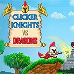 En ridder med rød hjelm kjemper mot en brun drage på en grønn gressslette, med en borg i bakgrunnen og teksten Clicker Knights vs Dragons